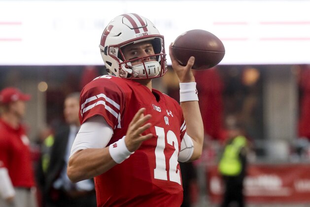 Wisconsin's Alex Hornibrook warms up before an NCAA college football game against Nebraska Saturday, Oct. 6, 2018, in Madison, Wis. (AP Photo/Morry Gash)