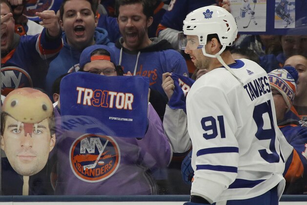 UNIONDALE, NEW YORK - FEBRUARY 28: John Tavares #91 of the Toronto Maple Leafs skates in warm-ups prior to the game against the New York Islanders at NYCB Live's Nassau Coliseum on February 28, 2019 in Uniondale City. (Photo by Bruce Bennett/Getty Images)