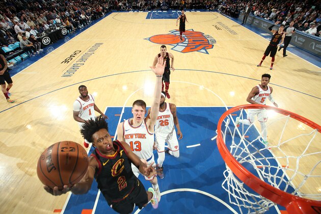 NEW YORK, NY - FEBRUARY 28: Collin Sexton #2 of the Cleveland Cavaliers goes to the basket against the New York Knicks on February 28, 2019 at Madison Square Garden in New York City, New York. NOTE TO USER: User expressly acknowledges and agrees that, by downloading and/or using this photograph, user is consenting to the terms and conditions of the Getty Images License Agreement. Mandatory Copyright Notice: Copyright 2019 NBAE (Photo by Nathaniel S. Butler/NBAE via Getty Images)