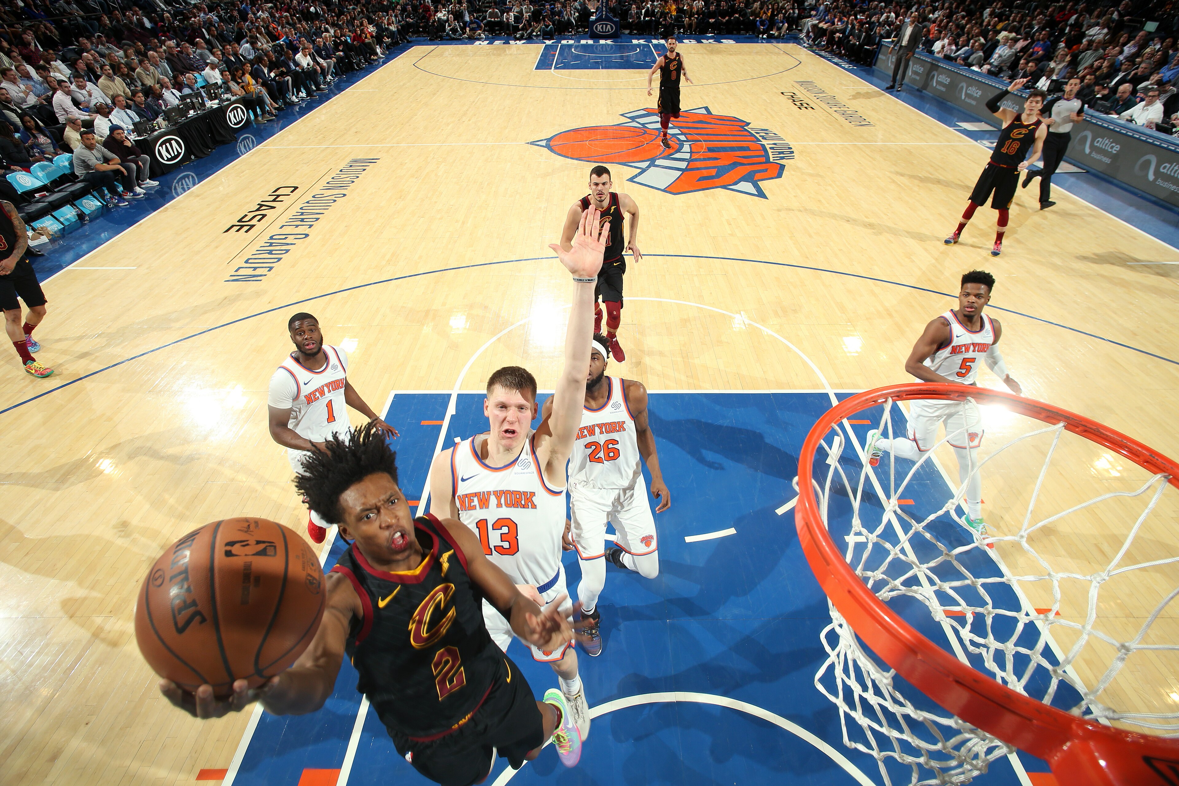 NEW YORK, NY - FEBRUARY 28: Collin Sexton #2 of the Cleveland Cavaliers goes to the basket against the New York Knicks on February 28, 2019 at Madison Square Garden in New York City, New York. NOTE TO USER: User expressly acknowledges and agrees that, by downloading and/or using this photograph, user is consenting to the terms and conditions of the Getty Images License Agreement. Mandatory Copyright Notice: Copyright 2019 NBAE (Photo by Nathaniel S. Butler/NBAE via Getty Images)