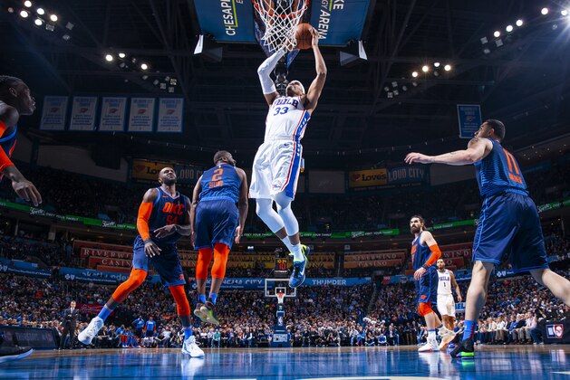 OKLAHOMA CITY, OK- FEBRUARY 28: Tobias Harris #33 of the Philadelphia 76ers dunks the ball against the Oklahoma City Thunder on February 28, 2019 at Chesapeake Energy Arena in Oklahoma City, Oklahoma. NOTE TO USER: User expressly acknowledges and agrees that, by downloading and or using this photograph, User is consenting to the terms and conditions of the Getty Images License Agreement. Mandatory Copyright Notice: Copyright 2019 NBAE (Photo by Zach Beeker/NBAE via Getty Images)