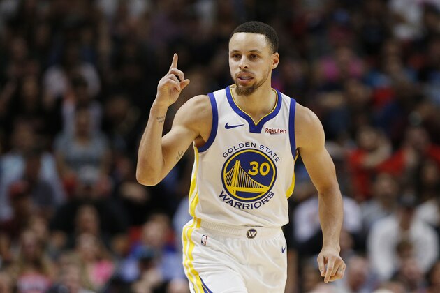 MIAMI, FLORIDA - FEBRUARY 27:  Stephen Curry #30 of the Golden State Warriors celebrates against the Miami Heat during the second half at American Airlines Arena on February 27, 2019 in Miami, Florida. NOTE TO USER: User expressly acknowledges and agrees that, by downloading and or using this photograph, User is consenting to the terms and conditions of the Getty Images License Agreement. (Photo by Michael Reaves/Getty Images)