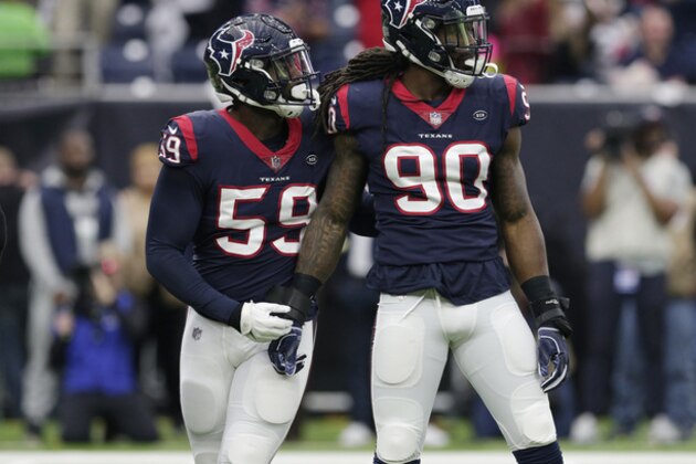 Houston Texans outside linebacker Whitney Mercilus (59) and outside linebacker Jadeveon Clowney (90) during the first half of an NFL wild card playoff football game against the Indianapolis Colts, Saturday, Jan. 5, 2019, in Houston. (AP Photo/Michael Wyke)