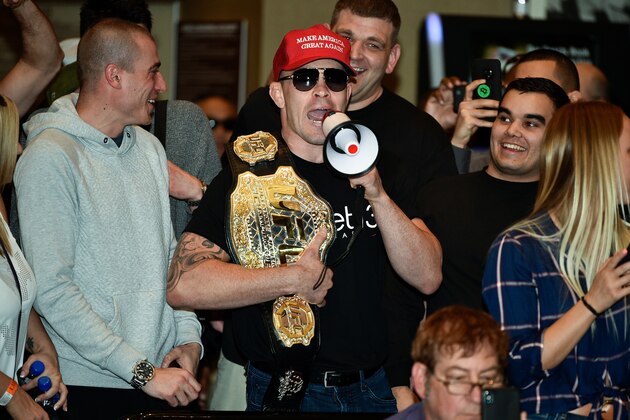 LAS VEGAS, NEVADA - FEBRUARY 28:  UFC Welterweight Colby Covington is seen in the crowd during Kamaru Usman's open workout for fans and media during the UFC 235 Open Workouts event at MGM Grand Hotel & Casino on February 28, 2019 in Las Vegas, Nevada. ((Photo by Chris Unger/Zuffa LLC/Zuffa LLC via Getty Images)