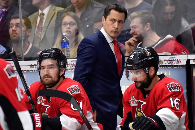 OTTAWA, ON - MAY 23:  Guy Boucher of the Ottawa Senators looks on against the Pittsburgh Penguins during the second period in Game Six of the Eastern Conference Final during the 2017 NHL Stanley Cup Playoffs at Canadian Tire Centre on May 23, 2017 in Ottawa, Canada.  (Photo by Minas Panagiotakis/Getty Images)