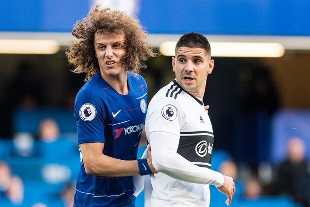 LONDON, ENGLAND - DECEMBER 02: Aleksandar Mitrovic of Fulham FC and David Luiz of Chelsea FC looks on during the Premier League match between Chelsea FC and Fulham FC at Stamford Bridge on December 2, 2018 in London, United Kingdom. (Photo by Sebastian Frej/MB Media/Getty Images)