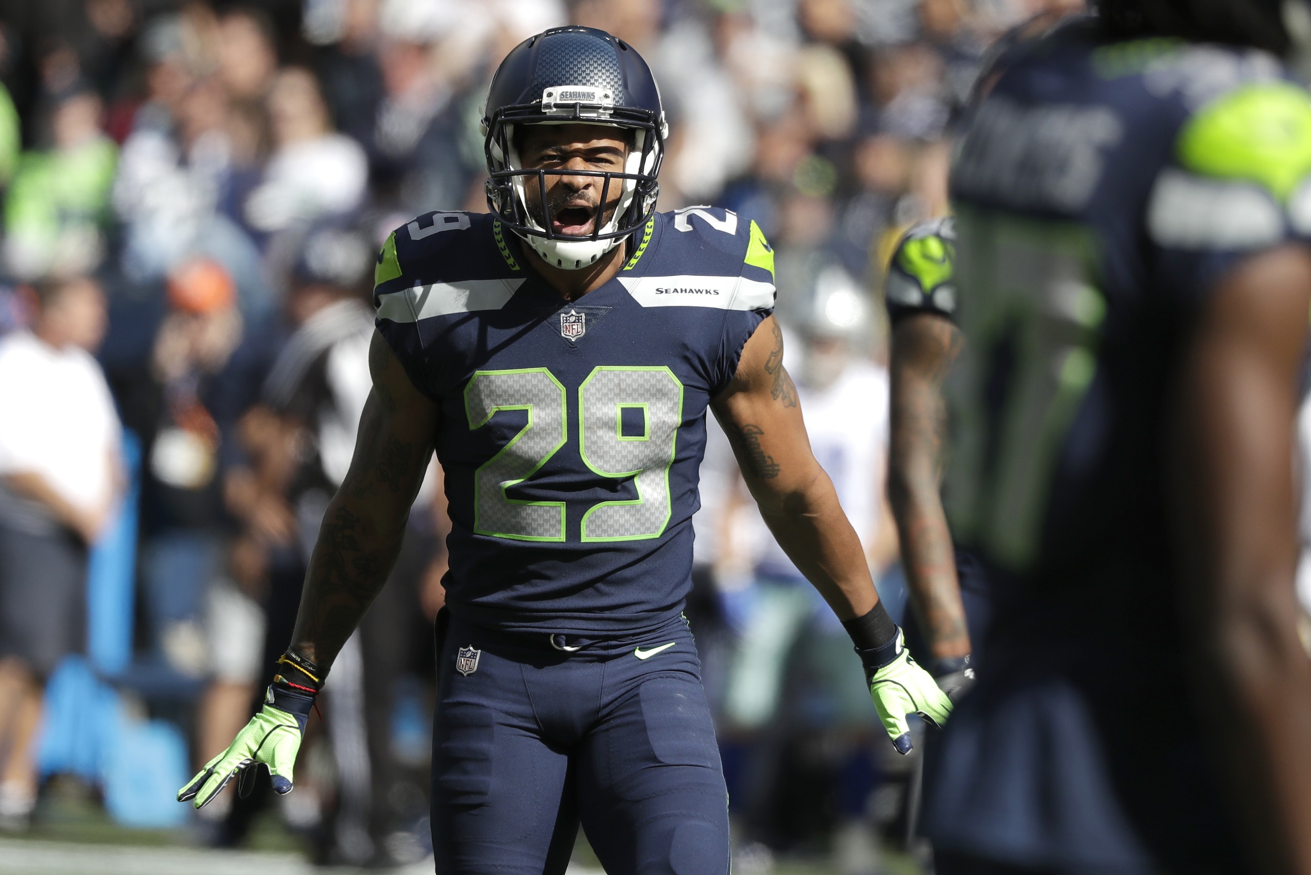 Seattle Seahawks free safety Earl Thomas celebrates a play against the Dallas Cowboys during the first half of an NFL football game, Sunday, Sept. 23, 2018, in Seattle. (AP Photo/Elaine Thompson) Seattle Seahawks free safety Earl Thomas celebrates a play against the Dallas Cowboys during the first half of an NFL football game, Sunday, Sept. 23, 2018, in Seattle. (AP Photo/Elaine Thompson)