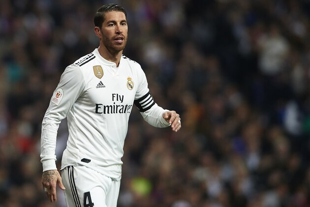 MADRID, SPAIN - FEBRUARY 27: Sergio Ramos of Real Madrid looks on during the Copa del Semi Final match second leg between Real Madrid and FC Barcelona at Santiago Bernabeu on February 27, 2019 in Madrid, Spain. (Photo by Quality Sport Images/Getty Images)