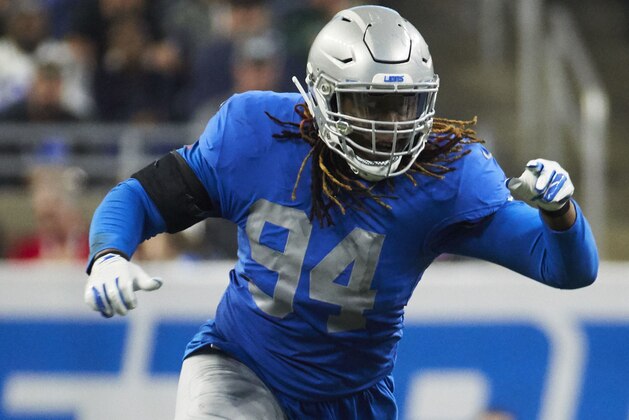 Detroit Lions defensive end Ezekiel Ansah (94) in action against the Chicago Bears during an NFL football game in Detroit, Thursday, Nov. 22, 2018. (AP Images/Rick Osentoski)