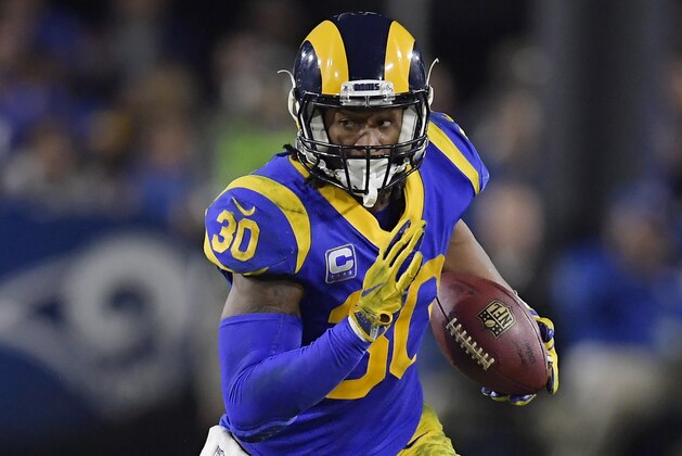 Los Angeles Rams running back Todd Gurley runs against the Dallas Cowboys during the first half in an NFL divisional football playoff game Saturday, Jan. 12, 2019, in Los Angeles. (AP Photo/Mark J. Terrill)
