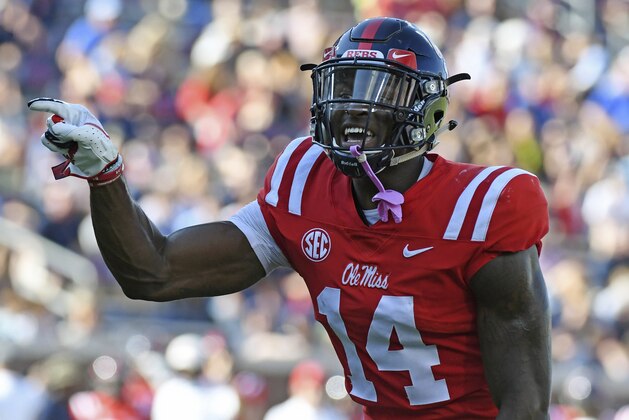 Mississippi wide receiver D.K. Metcalf (14) gestures before a play during the first half of an NCAA college football game against Louisiana Monroe in Oxford, Miss., Saturday, Oct. 6, 2018. (AP Photo/Thomas Graning)