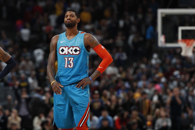 Oklahoma City Thunder forward Paul George (13) in the second half of an NBA basketball game Tuesday, Feb. 26, 2019, in Denver. The Nuggets won 121-112. (AP Photo/David Zalubowski)