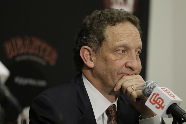 San Francisco Giants CEO Larry Baer listens to questions during a news conference at AT&T Park Thursday, Nov. 6, 2014, in San Francisco. After capturing a third championship in five years, the Giants baseball team faces another busy winter in which they will try to re-sign switch-hitting third baseman Pablo Sandoval. (AP Photo/Eric Risberg)