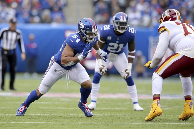 New York Giants linebacker Olivier Vernon (54) in action against the Washington Redskins during an NFL football game on Sunday, Oct. 28, 2018, in East Rutherford, N.J. (Brad Penner/AP Images for Panini)