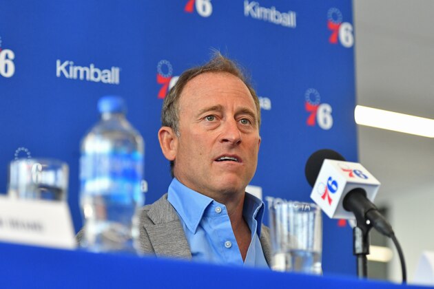 PHILADELPHIA. PA - SEPTEMBER 20:  Josh Harris, owner of the Philadelphia 76ers, introduces Elton Brand as the new General Manager during a press conference at the Wells Fargo Center in Philadelphia, Pennsylvania on September 20, 2018. NOTE TO USER: User expressly acknowledges and agrees that, by downloading and/or using this photograph, user is consenting to the terms and conditions of the Getty Images License Agreement. Mandatory Copyright Notice: Copyright 2018 NBAE (Photo by Jesse D. Garrabrant/NBAE via Getty Images)