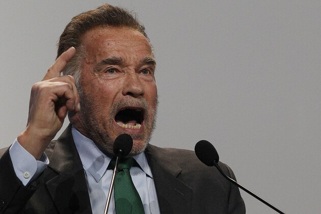 Actor Arnold Schwarzenegger delivers a speech during the opening of COP24 UN Climate Change Conference 2018 in Katowice, Poland, Monday, Dec. 3, 2018.(AP Photo/Czarek Sokolowski)