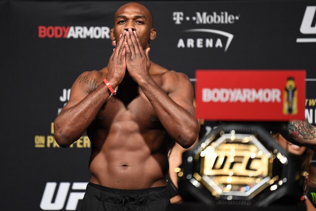 LAS VEGAS, NV - MARCH 01:  Jon Jones acknowledges the fans during the UFC 235 weigh-in at T-Mobile Arena on March 01, 2019 in Las Vegas, Nevada. (Photo by Jeff Bottari/Zuffa LLC/Zuffa LLC via Getty Images)