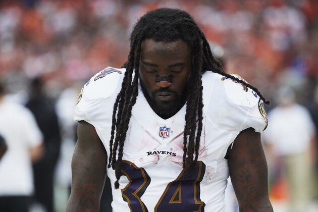 Baltimore Ravens running back Alex Collins (34) on the sideline against Cleveland Browns during an NFL football game at First Energy Stadium, Sunday, Oct. 10, 2018, in Cleveland. (AP Images/Rick Osentoski)