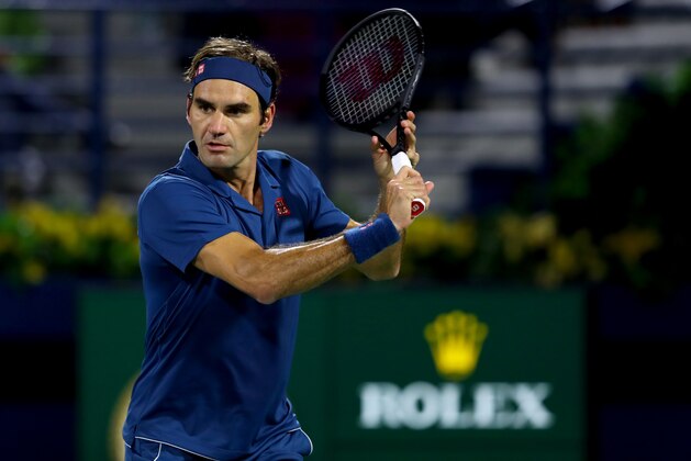 DUBAI, UNITED ARAB EMIRATES - MARCH 02: Roger Federer of Switzerland prepares to volley in his Men's Singles Final match against Stefanos Tsitsipas of Greece during day fourteen of the Dubai Duty Free Championships at Dubai Duty Free Tennis Stadium March 02, 2019 in Dubai, United Arab Emirates. (Photo by Francois Nel/Getty Images)