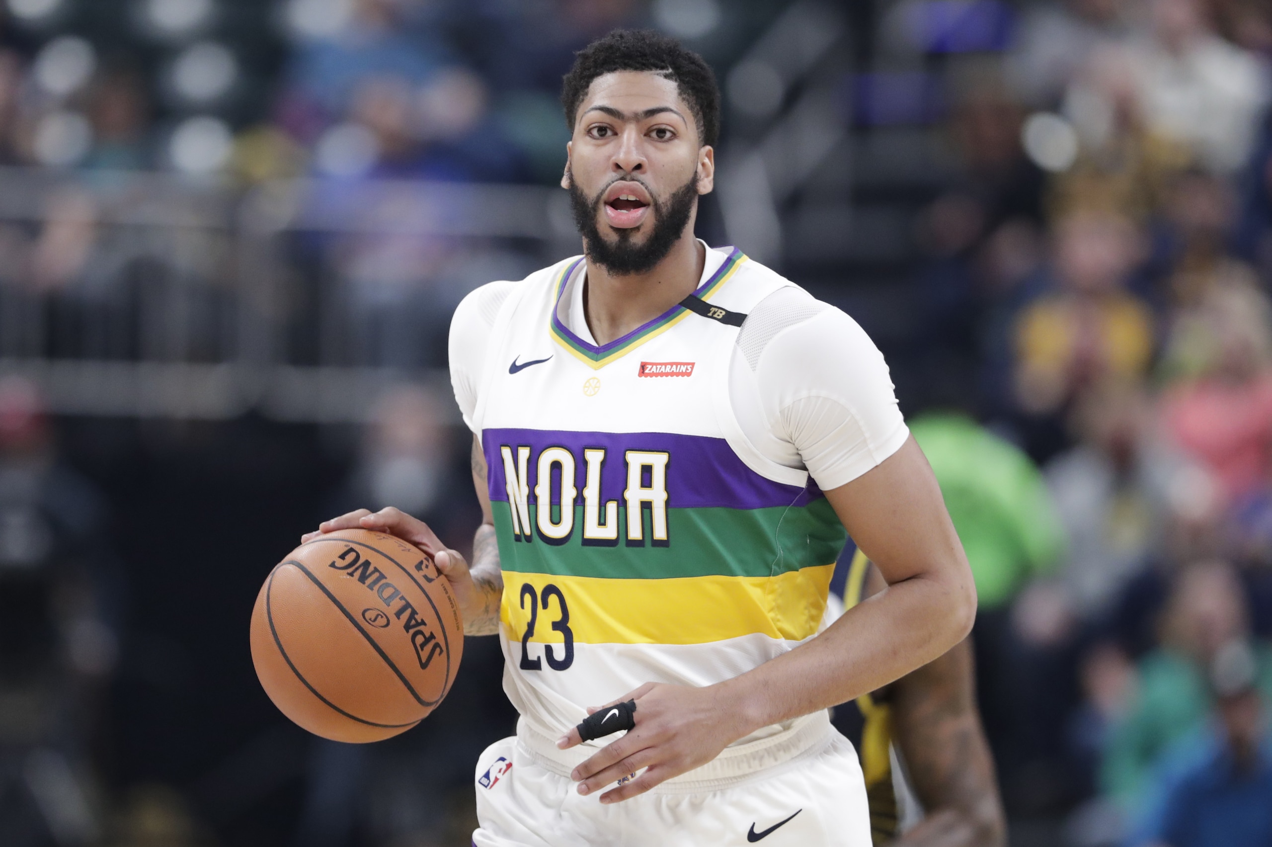 New Orleans Pelicans forward Anthony Davis (23) plays against the Indiana Pacers during the first half of an NBA basketball game in Indianapolis, Friday, Feb. 22, 2019. (AP Photo/Michael Conroy) New Orleans Pelicans forward Anthony Davis (23) plays against the Indiana Pacers during the first half of an NBA basketball game in Indianapolis, Friday, Feb. 22, 2019. (AP Photo/Michael Conroy)
