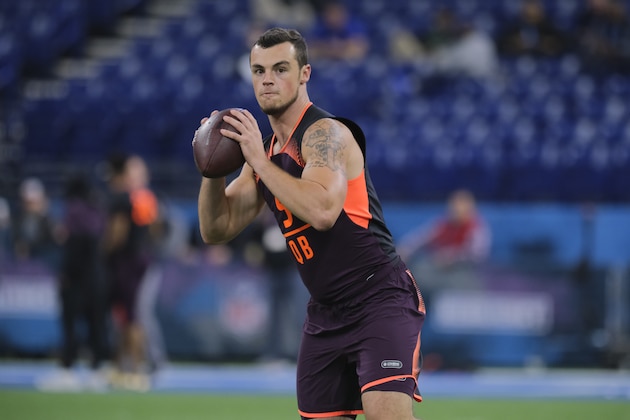 Penn State quarterback Trace McSorley throws at the NFL football scouting combine in Indianapolis, Thursday, Feb. 28, 2019. (AP Photo/AJ Mast)