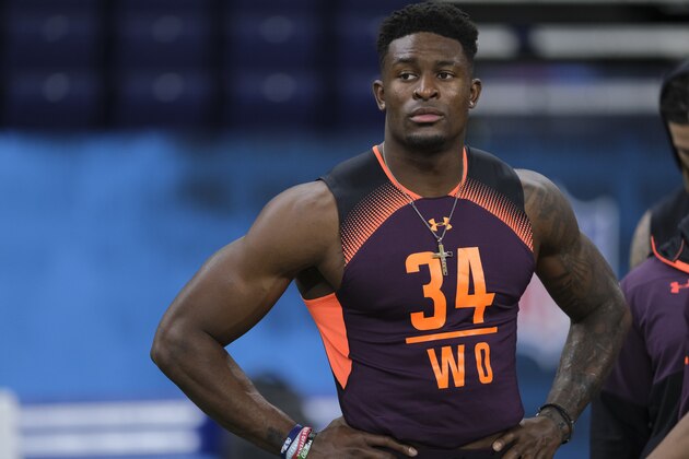 Mississippi wide receiver D.K. Metcalf warms up at the NFL football scouting combine in Indianapolis, Thursday, Feb. 28, 2019. (AP Photo/AJ Mast)