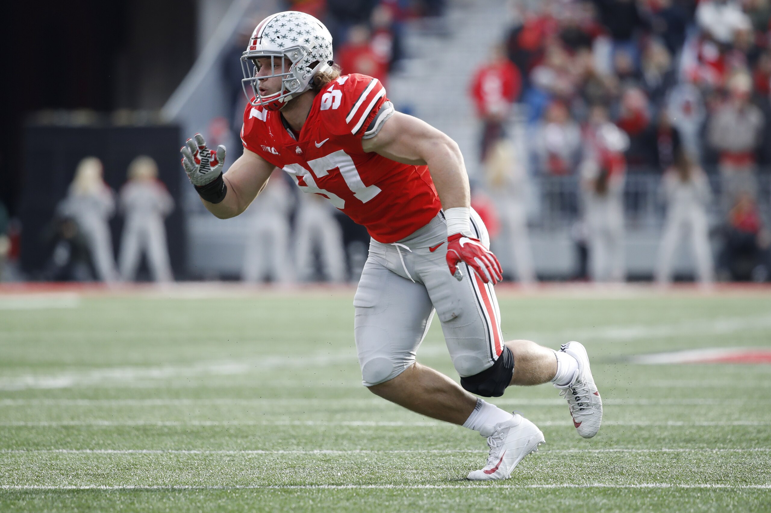 COLUMBUS, OH - NOVEMBER 11: Nick Bosa #97 of the Ohio State Buckeyes in action during a game against the Michigan State Spartans at Ohio Stadium on November 11, 2017 in Columbus, Ohio. Ohio State won 48-3. (Photo by Joe Robbins/Getty Images)