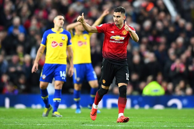 MANCHESTER, ENGLAND - MARCH 02: Andreas Pereira of Manchester United celebrates after scoring his team's first goal during the Premier League match between Manchester United and Southampton FC at Old Trafford on March 02, 2019 in Manchester, United Kingdom. (Photo by Clive Mason/Getty Images)