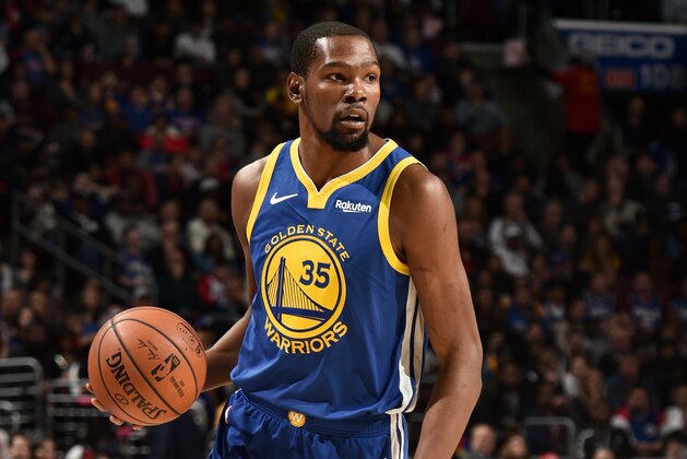PHILADELPHIA, PA - MARCH 2: Kevin Durant #35 of the Golden State Warriors handles the ball against the Philadelphia 76ers on March 2, 2019 at the Wells Fargo Center in Philadelphia, Pennsylvania. NOTE TO USER: User expressly acknowledges and agrees that, by downloading and/or using this photograph, user is consenting to the terms and conditions of the Getty Images License Agreement. Mandatory Copyright Notice: Copyright 2019 NBAE (Photo by David Dow/NBAE via Getty Images)