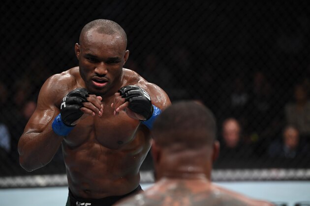 LAS VEGAS, NV - MARCH 02: Kamaru Usman of Nigeria faces Tyron Woodley in their UFC welterweight championship bout during the UFC 235 event at T-Mobile Arena on March 2, 2019 in Las Vegas, Nevada.  (Photo by Jeff Bottari/Zuffa LLC/Zuffa LLC)