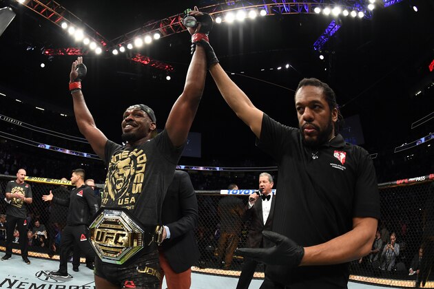 LAS VEGAS, NV - MARCH 02: Jon Jones reacts to his win against Anthony Smith in their UFC light heavyweight championship bout during the UFC 235 event at T-Mobile Arena on March 2, 2019 in Las Vegas, Nevada.  (Photo by Jeff Bottari/Zuffa LLC/Zuffa LLC)