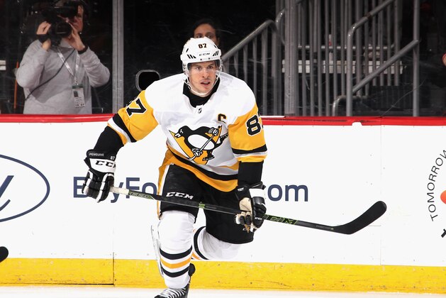 NEWARK, NEW JERSEY - FEBRUARY 19: Sidney Crosby #87 of the Pittsburgh Penguins skates against the New Jersey Devils at the Prudential Center on February 19, 2019 in Newark, New Jersey. The Penguins defeated the Devils 4-3. (Photo by Bruce Bennett/Getty Images)