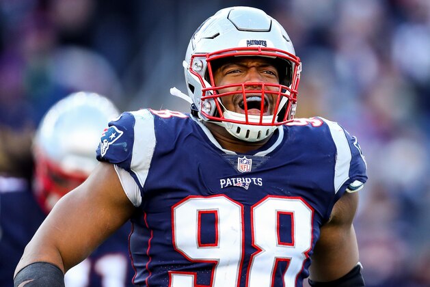 FOXBOROUGH, MASSACHUSETTS - DECEMBER 30: Trey Flowers #98 of the New England Patriots reacts during the third quarter of a game against the New York Jets at Gillette Stadium on December 30, 2018 in Foxborough, Massachusetts. (Photo by Maddie Meyer/Getty Images)