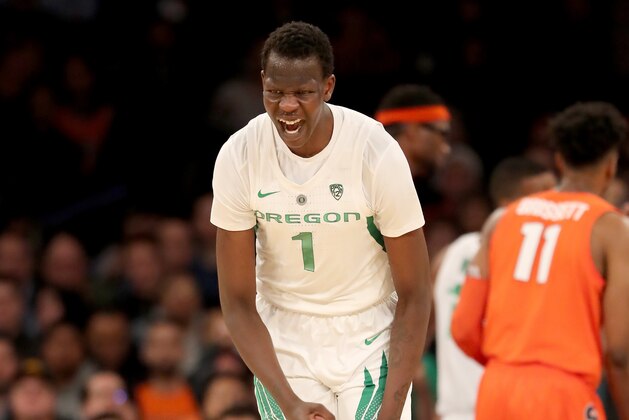 NEW YORK, NEW YORK - NOVEMBER 16: Bol Bol #1 of the Oregon Ducks celebrates his three point shot in the second half against the Syracuse Orange during the 2K Empire Classic at Madison Square Garden on November 16, 2018 in New York City.The Oregon Ducks defeated the Syracuse Orange 80-65. (Photo by Elsa/Getty Images)