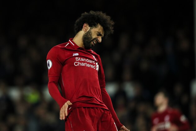 LIVERPOOL, ENGLAND - MARCH 03:  Mohamed Salah of Liverpool reacts during the Premier League match between Everton FC and Liverpool FC at Goodison Park on March 3, 2019 in Liverpool, United Kingdom. (Photo by Matthew Ashton - AMA/Getty Images)