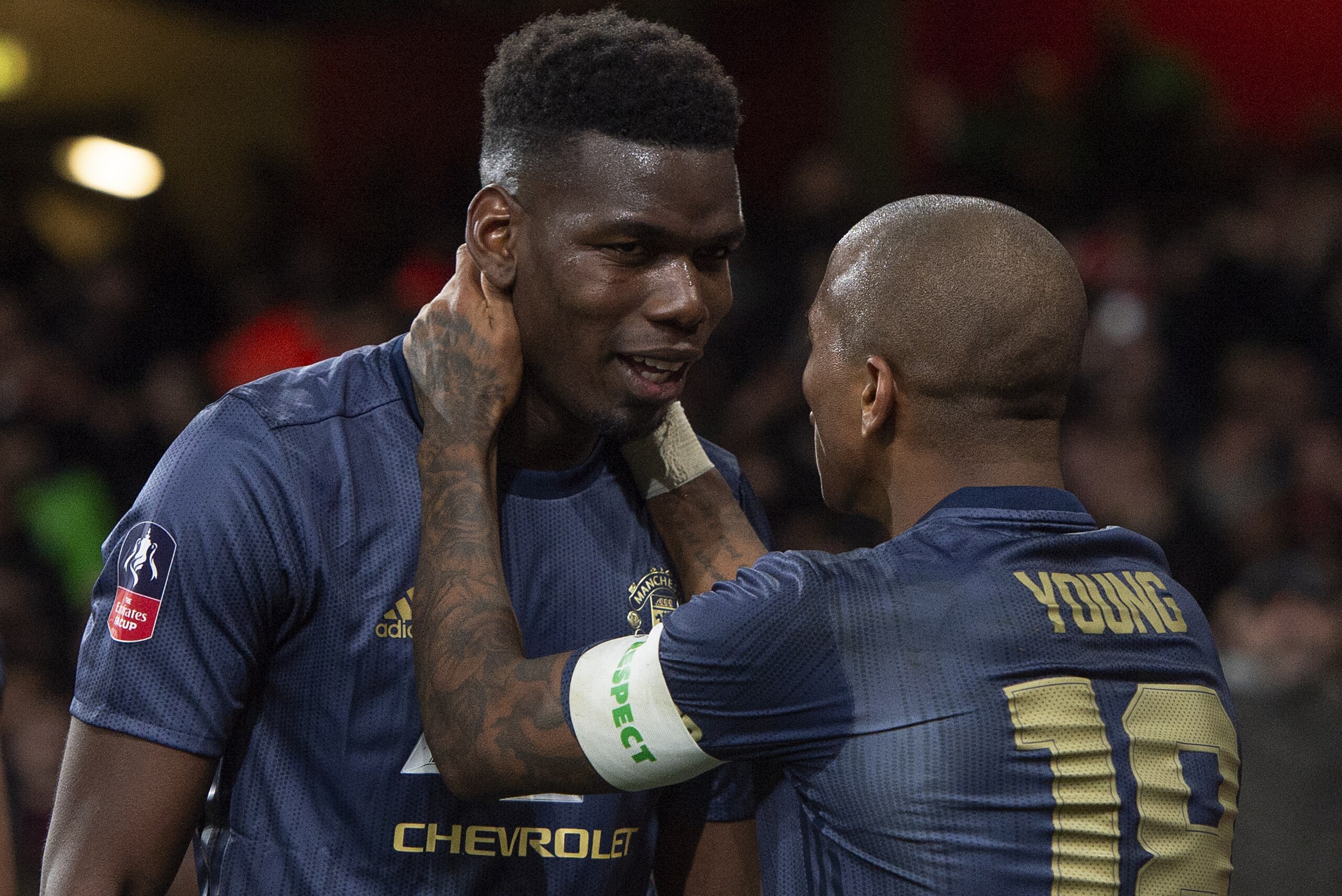 LONDON, ENGLAND - JANUARY 25: Paul Pogba and Ashley Young of Manchester United celebrate a Anthony Martial goal during the FA Cup Fourth Round match between Arsenal and Manchester United at Emirates Stadium on January 25, 2019 in London, United Kingdom. (Photo by Visionhaus/Getty Images)