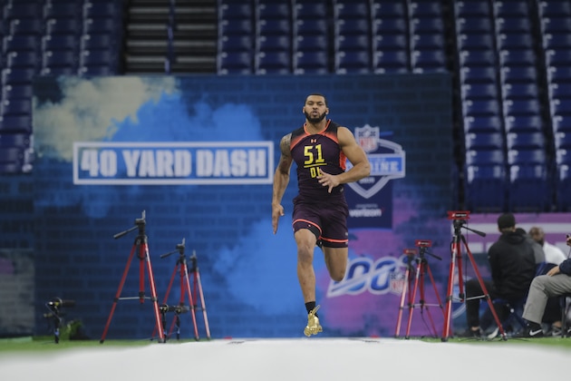 Mississippi State defensive lineman Montez Sweat runs the 40-yard dash drill at the NFL football scouting combine in Indianapolis, Thursday, Feb. 28, 2019. (AP Photo/AJ Mast)