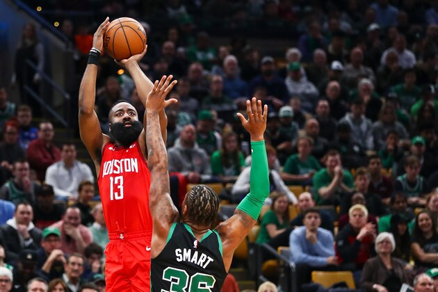 BOSTON, MA - MARCH 03:  James Harden #13 of the Houston Rockets shoots the ball over Marcus Smart #36 of the Boston Celtics during a game at TD Garden on March 3, 2019 in Boston, Massachusetts. NOTE TO USER: User expressly acknowledges and agrees that, by downloading and or using this photograph, User is consenting to the terms and conditions of the Getty Images License Agreement. (Photo by Adam Glanzman/Getty Images)