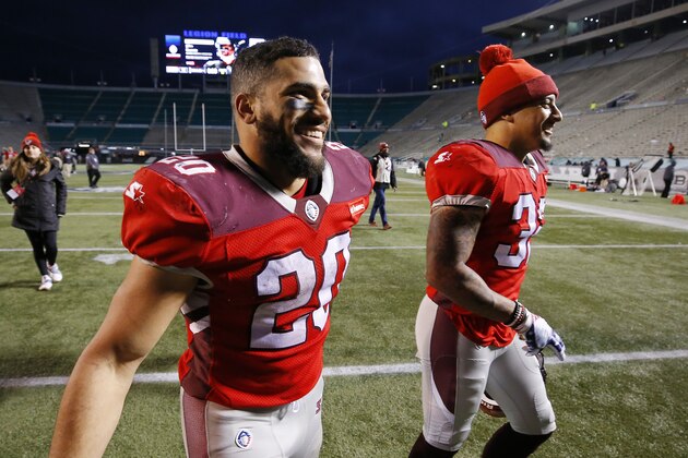 BIRMINGHAM, ALABAMA - MARCH 03: Kenneth Farrow II #20 of the San Antonio Commanders reacts after defeating the Birmingham Iron 12-11 in an Alliance of American Football game at Legion Field on March 03, 2019 in Birmingham, Alabama. (Photo by Kevin C. Cox/AAF/Getty Images)