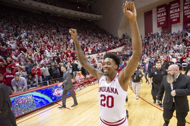 Indiana forward De'Ron Davis (20) celebrates after they defeated Michigan State in an NCAA college basketball game, Saturday, March 2, 2019, in Bloomington, Ind. Indiana won 63-62. (AP Photo/Doug McSchooler)