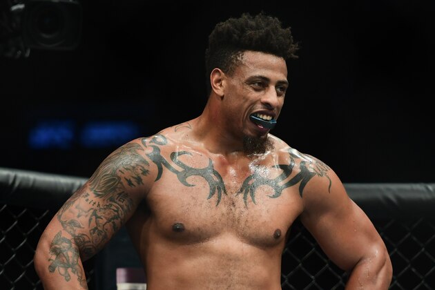NEW YORK, NEW YORK - JANUARY 19: Greg Hardy waits as officials decide whether to disqualify him after an illegal move in heavyweights fight against Allen Crowder at UFC Fight Night at Barclays Center on January 19, 2019 in New York City. (Photo by Sarah Stier/Getty Images)