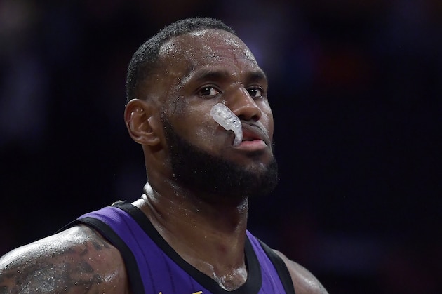 Los Angeles Lakers forward LeBron James paues during the closing seconds of the team's NBA basketball game against the Milwaukee Bucks on Friday, March 1, 2019, in Los Angeles. The Bucks won 131-120. (AP Photo/Mark J. Terrill)