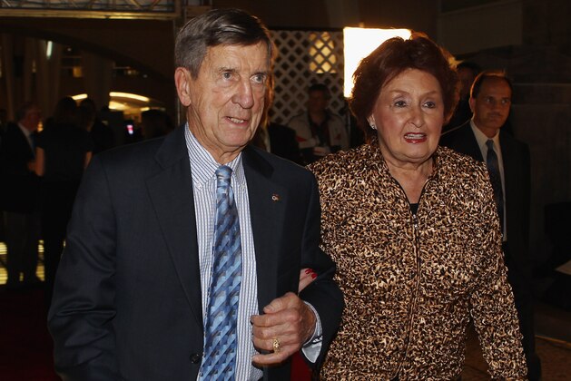 TORONTO, ON - NOVEMBER 14: Hall of Fame member Ted Lindsay and his wife Joanne walks the red carpet prior to the 2011 Hockey Hall of Fame Induction ceremony at the Hockey Hall Of Fame on November 14, 2011 in Toronto, Ontario, Canada.  (Photo by Bruce Bennett/Getty Images)