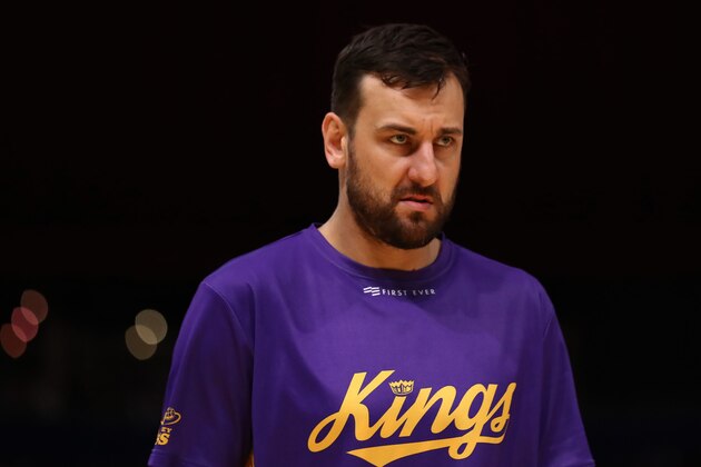 SYDNEY, AUSTRALIA - MARCH 03: Andrew Bogut of the Kings looks on during warm up before game two of the NBL Semi Final series between the Sydney Kings and Melbourne United at Qudos Bank Arena on March 03, 2019 in Sydney, Australia. (Photo by Mark Metcalfe/Getty Images)