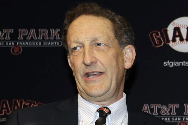 FILE - In this Jan. 19, 2018, file photo, San Francisco Giants President and CEO Larry Baer is shown during a press conference in San Francisco. Baer is taking a leave of absence from the team following the release of a video showing him in a physical altercation with his wife. The Giants board of directors released a statement Monday, March 4, 2019, saying that Baer has been granted a request to take personal time away from the team. (AP Photo/Marcio Jose Sanchez, File)