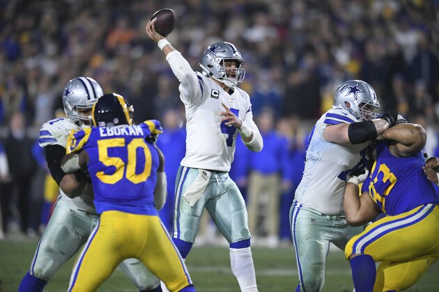LOS ANGELES, CA - JANUARY 12: Dallas Cowboys quarterback Dak Prescott #4 passes against the Los Angeles Rams at Los Angeles Memorial Coliseum on January 12, 2019 in Los Angeles, California. (Photo by John McCoy/Getty Images)