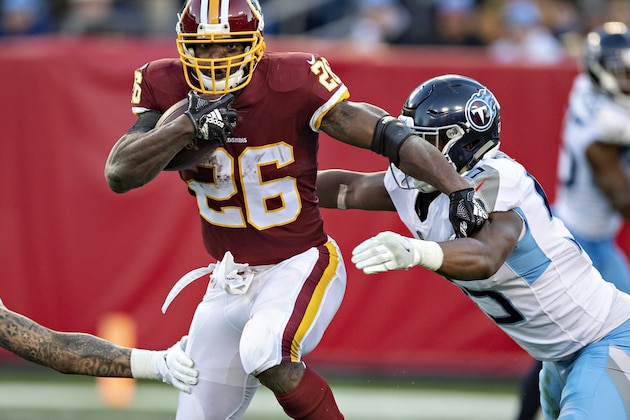 NASHVILLE, TN - DECEMBER 22:  Adrian Peterson #26 of the Washington Redskins runs the ball during a game against the Tennessee Titans at Nissan Stadium on December 22, 2018 in Nashville, Tennessee.  The Titans defeated the Redskins 25-16.   (Photo by Wesley Hitt/Getty Images)