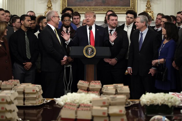 President Donald Trump welcomes 2018 NCAA FCS College Football Champions, The North Dakota State Bison, to the White House in Washington, Monday, March 4, 2019. (AP Photo/Carolyn Kaster)