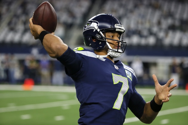 Seattle Seahawks quarterback Brett Hundley (7) throws a pass during warm ups before an NFC wild-card NFL football game against the Dallas Cowboys in Arlington, Texas, Saturday, Jan. 5, 2019.(AP Photo/Roger Steinman)