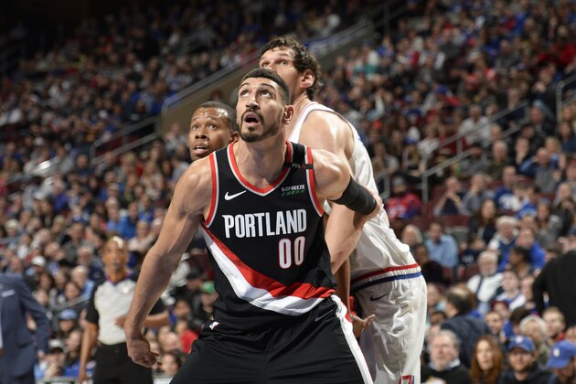 PHILADELPHIA, PA - FEBRUARY 23: Enes Kanter #00 of the Portland Trail Blazers boxes out against the Philadelphia 76ers on February 23, 2019 at the Wells Fargo Center in Philadelphia, Pennsylvania. NOTE TO USER: User expressly acknowledges and agrees that, by downloading and/or using this photograph, user is consenting to the terms and conditions of the Getty Images License Agreement. Mandatory Copyright Notice: Copyright 2019 NBAE (Photo by David Dow/NBAE via Getty Images)